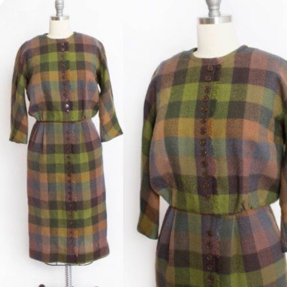 60s Vintage Leslie Fay Wiggle plaid wool dress